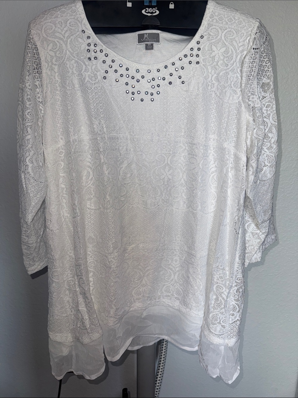 JM Collection White Lace Scoop Neck Tunic with Rhinestones